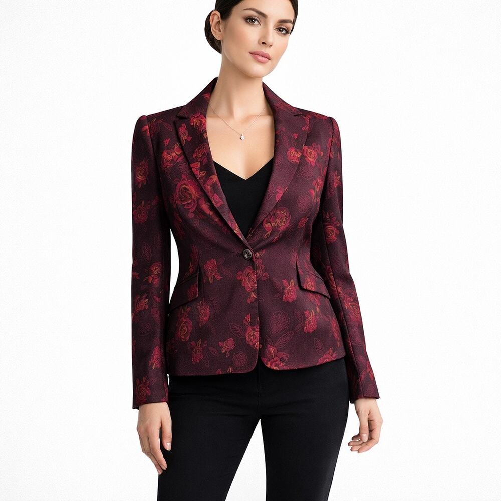 White House Black Market Rose Print Jacquard Jacket Sz 8 Career Preppy Academia